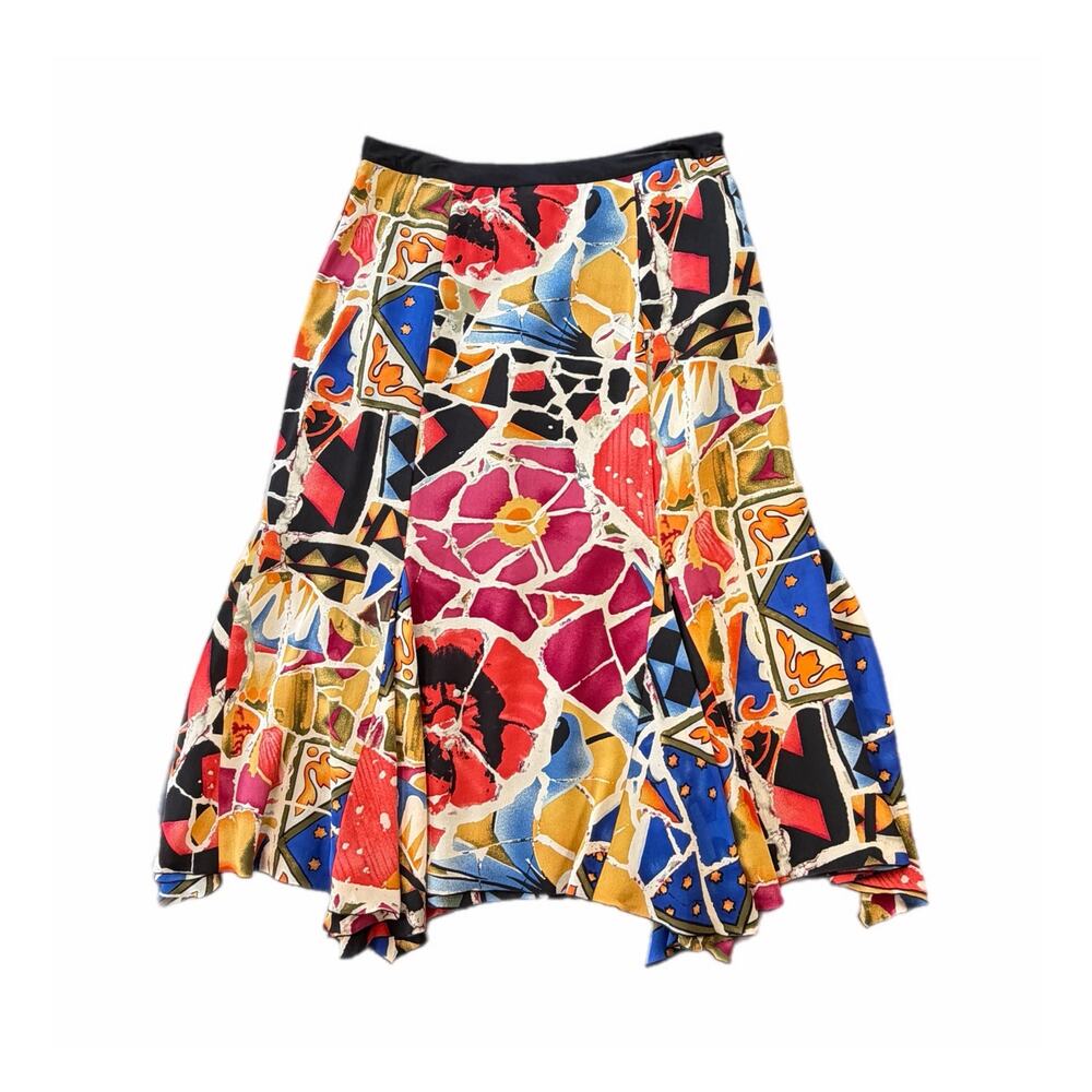 Peter Nygard Vintage 100% Silk Multi Color Abstract Floral Flowy Midi Chic Skirt